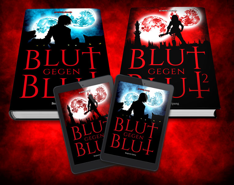 Die Romane Blut gegen Blut Band 1 und 2 als Hardcover und als Ebook auf einem E-Reader